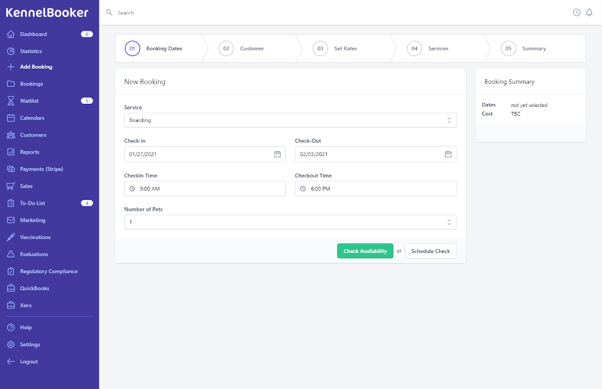 adding a new booking to your kennel software - step 1