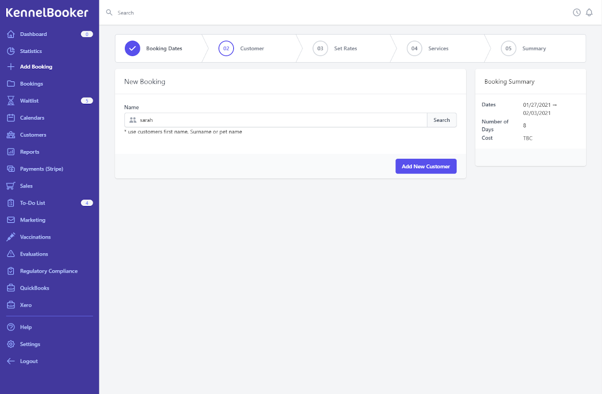 adding a new booking to your kennel software - step 2