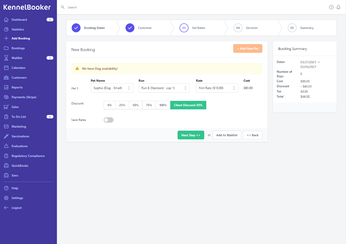 adding a new booking to your kennel software - step 3