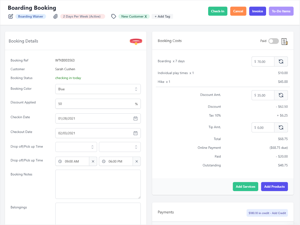 KennelBooker boarding booking screen