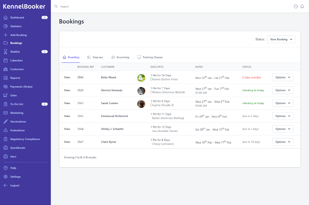KennelBooker bookings list