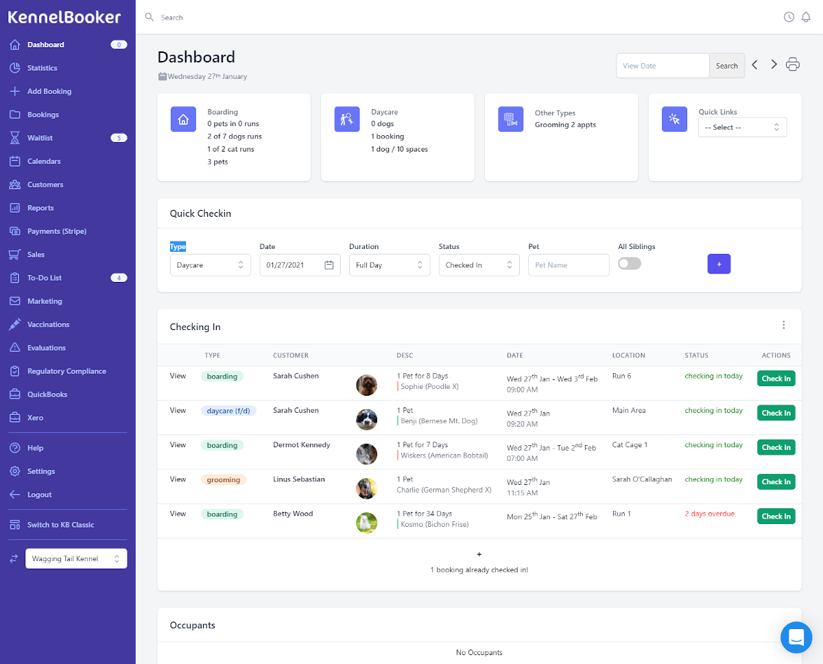 KennelBooker daily overview